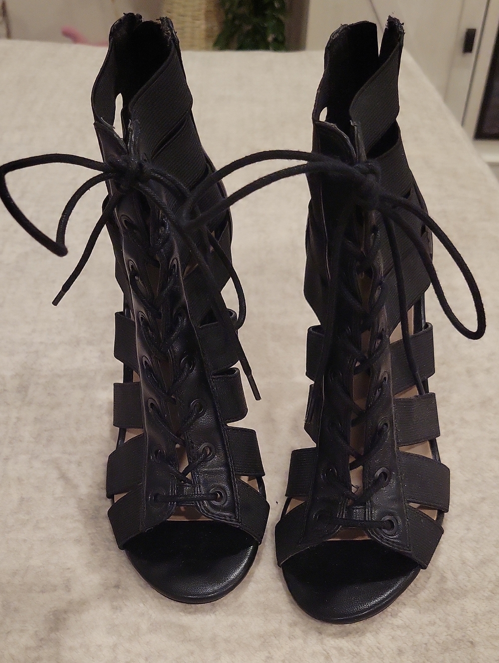Mix No. 6 Strappy Black Heels, Zippers On Backs Of Heels